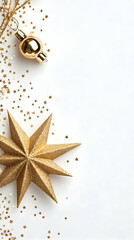 Wall Mural - Gold Christmas ornaments and star on white background, ideal for holiday greetings