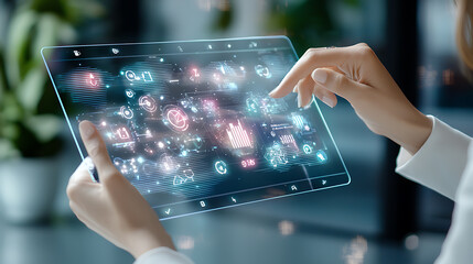 Poster - Innovative digital interaction in business technology modern office digital display professional environment close-up view future concept