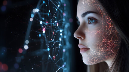 Poster - Exploring human connection through technology a female portrait with neural networks digital art indoor space close-up innovation