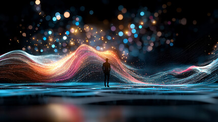 Poster - Exploring the digital universe a figure amidst vibrant data waves virtual space abstract art nighttime surreal experience
