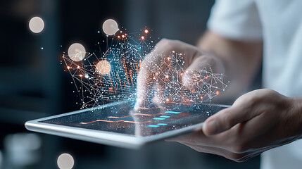 Poster - Innovative touchscreen interaction modern office digital art urban environment close-up view futuristic concept