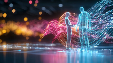 Poster - Digital interaction between virtual figures futuristic setting 3d art illuminated environment aesthetic perspective technology concept