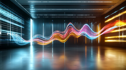 Poster - Dynamic light waves create visual harmony in modern interior space digital art indoor environment artistic perspective