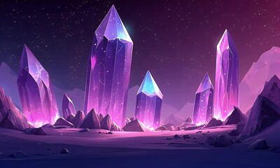 Poster - Glowing crystals illuminate alien landscape at night