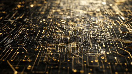 Poster - Abstract Golden Circuit Board Technology Background Digital Art dark lines shiny design modern      