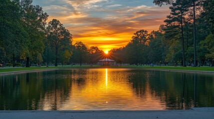 Poster - Sunset park gazebo reflection, peaceful evening scene