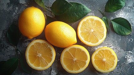 Poster - Fresh lemons, on kitchen grey stone table background.