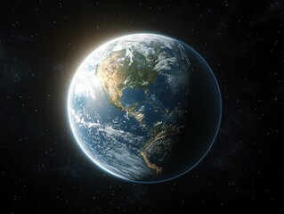 earth view from space with sunlit side and dark side against a starry black background