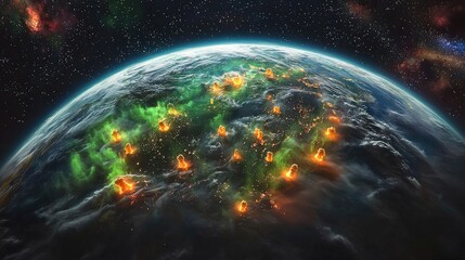 Poster - The entire earth viewed from space, globe, thousands of tiny bright orange nuclear explosions, tiny mushroom clouds, thermonuclear detonations, green and purple (aurora borealis) covering the surface.