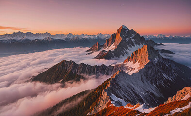 Fototapete - A mountain range with a beautiful orange and pink sky in the background. The mountains are covered in snow and the clouds are white