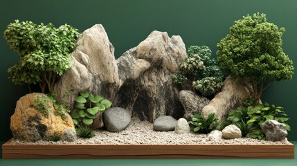 Leinwandbilder - A 3D garden rock display with a rich forest green background, blending natural wood and stone textures to showcase eco-friendly products.