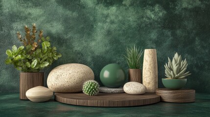 Leinwandbilder - A 3D garden rock-inspired display with textured stone and wooden platforms, styled against a deep green background for a calming, organic feel.