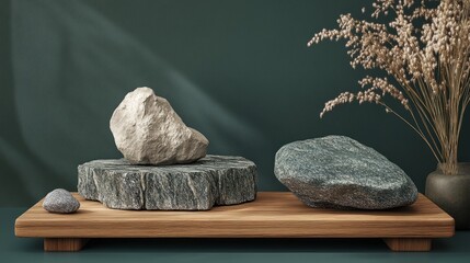 Leinwandbilder - A 3D garden rock-inspired display with textured stone and wooden platforms, styled against a deep green background for a calming, organic feel.