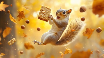 Poster - Playful squirrel in mid-air, holding a treat, amidst autumn leaves and nuts.