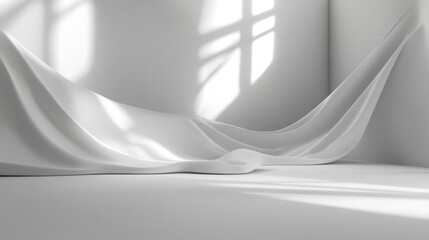Poster - Elegant White Draped Fabric Studio Background Light Minimalist Design Mockup Photography Soft Silk  