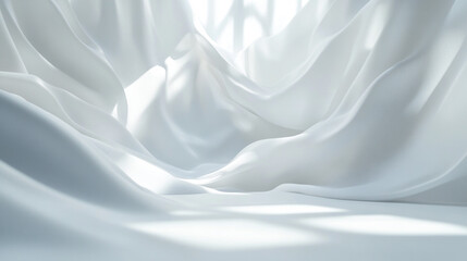 Poster - Elegant White Draped Fabric Soft Light Background Texture silk flow grey waves satin clean style    