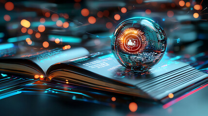 Poster - Innovative technology sphere illuminates open book digital environment futuristic perspective knowledge exploration