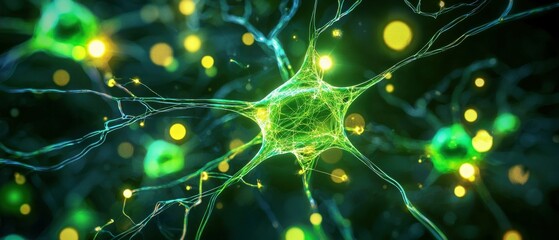 Poster - Green Neurons with Bright Particles in Abstract Sci-Fi Background