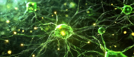 Poster - Intricate Green Neural Network in a Dark Background with Glowing Neurons
