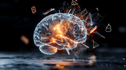 Poster - Explosive brain activity visualization digital realm graphic illustration futuristic environment close-up view cognitive science concept