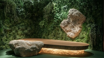 Leinwandbilder - A natural display podium crafted from stone and wood, illuminated with soft lighting, against a rich forest green backdrop for an elegant organic look.