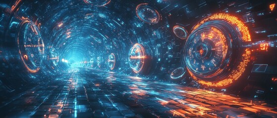 Poster - Futuristic Dynamic Data Tunnel with Glowing Lights and Circular Patterns