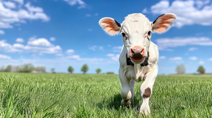 Wall Mural - playful calf running in sunny meadow, enjoying vibrant day