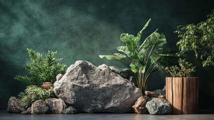 Fototapete - A natural product showcase featuring a 3D garden rock design with wood and stone elements, highlighted by a deep green backdrop.