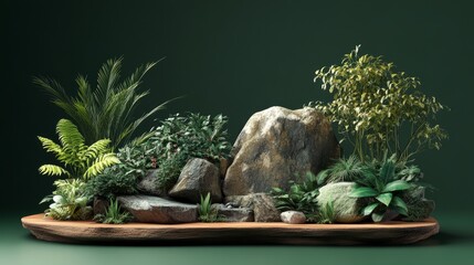 Fototapete - A natural product showcase featuring a 3D garden rock design with wood and stone elements, highlighted by a deep green backdrop.