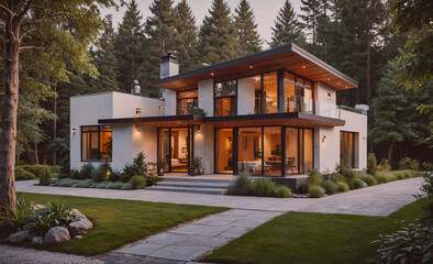 Poster - A large house with a large yard and a walkway. The house is surrounded by trees and has a modern design