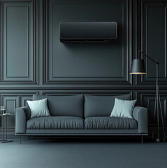Aufkleber - An interactive smart home living room model with a sofa, air conditioner and floor lamp on a black background. The theme is black. The design is simple.