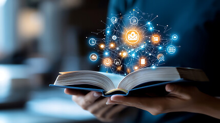 Poster - Exploring digital knowledge open book with network connections modern library information technology close-up learning concept