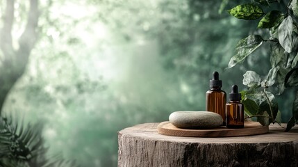 Leinwandbilder - A premium natural-themed product display with a wooden and stone stage, set against a soft-focus forest green background for an earthy touch.