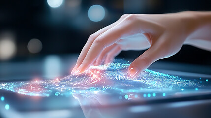 Poster - Interactive technology showcase hand-engaged digital interface modern space visual display futuristic close-up perspective