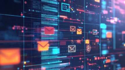 Poster - Digital Communication Network with Email Symbols and Data Visualization