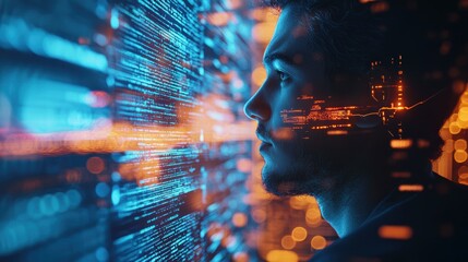 Poster - Profile of a Young Man with Digital Data Overlay in Futuristic Setting