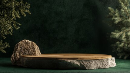 Leinwandbilder - A product showcase with an earthy wooden and stone platform set against a deep forest green backdrop, evoking a natural aesthetic