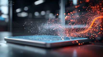 Poster - Digital innovation display modern office futuristic technology urban environment close-up view data visualization concept