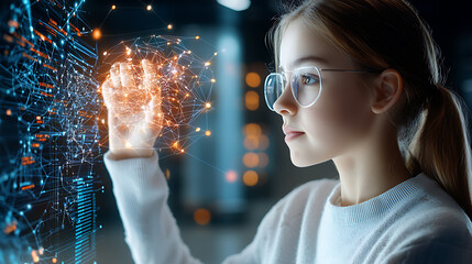 Poster - Technology innovation showcasing young girl interacting with digital data modern environment close-up viewpoint concept exploration