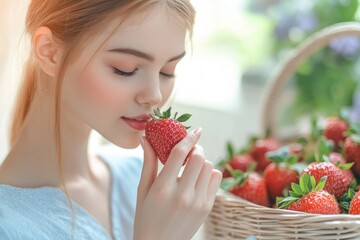 A young woman delicately holds and smells a fresh strawberry from a basket of ripe berries.