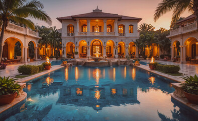 Fototapete - A large pool with a fountain in the middle of it. The pool is surrounded by a white house with a lot of windows. The pool is lit up at night, creating a warm and inviting atmosphere