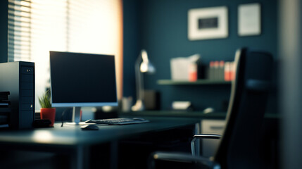Poster - Modern Home Office Workspace Setup Dark Minimalist Design desk room mouse chair style clean simple  