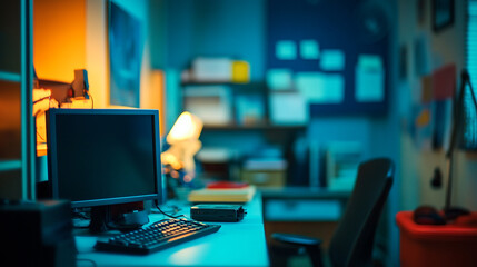 Poster - Modern Office Workspace Night Computer Setup Desk Blue room dark cool clean screen design digital   