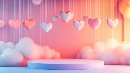 Poster - Romantic, pastel-colored, heart-shaped decorations hang from the ceiling above a round podium on a soft, cloud-like background.