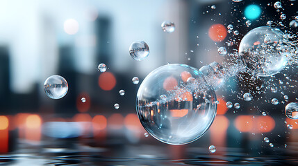 Poster - Dynamic water bubbles floating in urban background abstract photography atmospheric setting close-up view