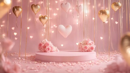 Poster - Romantic pink heart-shaped balloons, roses, and lights on a round podium.