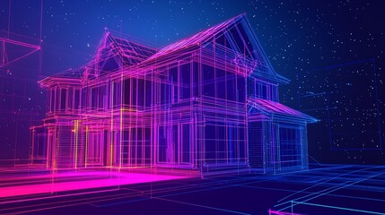 Poster - Futuristic House Blueprint with Glowing Neon Lines on a Starry Background