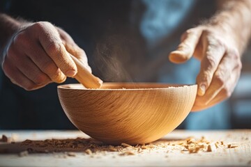 Wall Mural - A woodturner carefully shapes a wooden bowl, sawdust swirling around his hands.