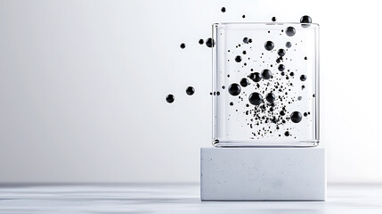 Poster - Dynamic black particles in glass container minimalist studio abstract art modern environment close-up perspective