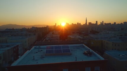 Canvas Print - Rooftop solar panels at sunrise over city skyline.